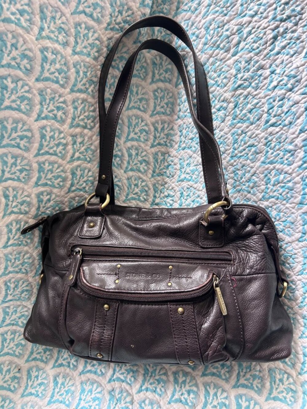 Stone & Co Genuine Leather Brown Shoulder Bag Satchel Multi Pocket Purse Soft Pe